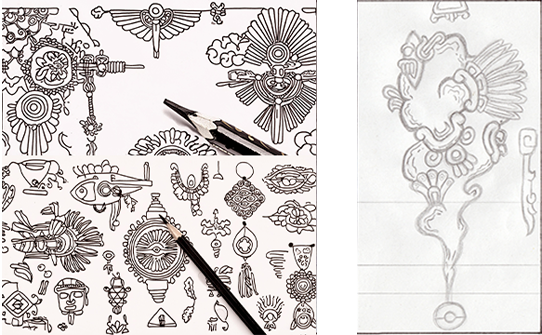 Moodboard de grafismos, glifos y codices relacionados con la cultura mexica