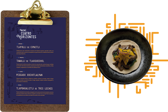 Diseño Editorial Gastronómico: Menú impreso de La Mestiza en tabla de madera con clip dorado, mostrando la jerarquía tipográfica y el uso de iconos mayas.