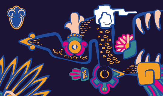 Sistema de activos visuales 'El Alebrije': Composición de grafismos configurables inspirados en la tradición mexicana, con formas abstractas, iconos gastronómicos y una paleta de colores vibrantes sobre fondo azul marino.
