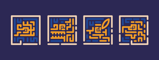 Iconografía Estratégica: Cuatro iconos geométricos inspirados en la cultura maya que funcionan como tótems personales para representar a los socios fundadores de La Mestiza.