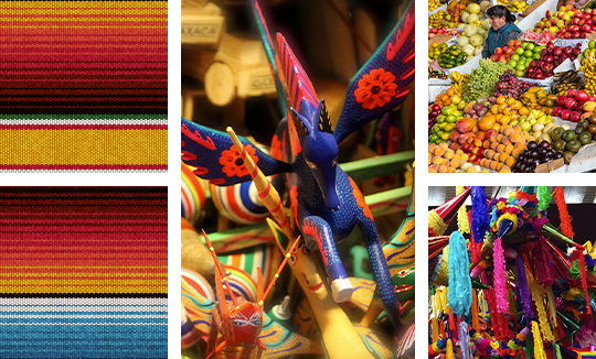 Moodboard de validación estratégica: Composición de referentes culturales que incluye textiles mexicanos coloridos, un alebrije artesanal de un dragón azul y un mercado de frutas tradicional.