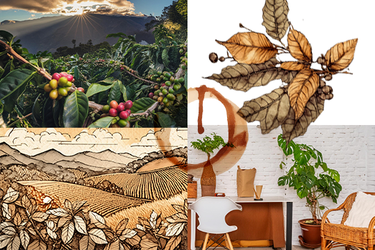 Moodboard de gráficos, artesanias y elementos referentes al café
