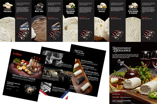 Documentación Editorial de Valor: Diseño de fichas técnicas premium, menús retail y material pop impreso para punto de venta de Quesos La Blanc.