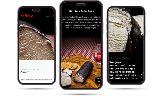 Composición UX Mobile Quesos La Blanc: Integración de ilustración de marca y cuadrícula de productos optimizada para navegación vertical en smartphones.