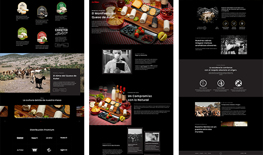 Despliegue de narrativa móvil Quesos La Blanc: Tres pantallas que muestran el origen de la marca, la técnica de producto natural y su aplicación en la alta cocina.