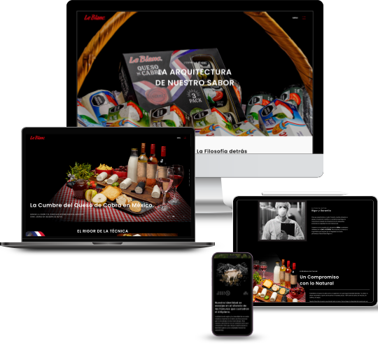 Validación omnicanal Quesos La Blanc: Despliegue de identidad de marca sistémica en sitio web desktop y mobile, tablet, empaque retail individual y puntos de venta.