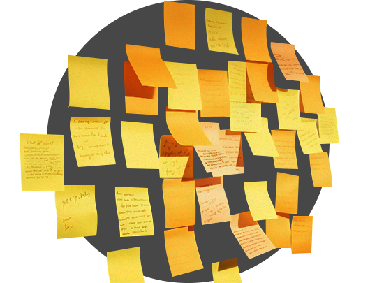 Fase de ideación y arquitectura UX/UI: Visualización de rutas de navegación y flujos de usuario mediante la síntesis de ideas con notas adhesivas en panel circular.